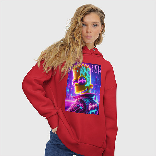 Женское худи оверсайз Cyber Bart - neon glow / Красный – фото 3