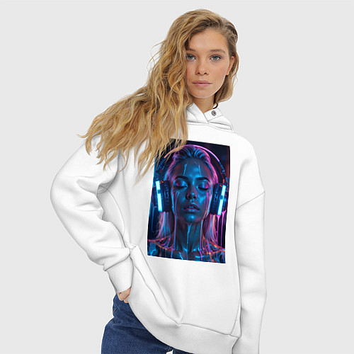 Женское худи оверсайз Девушка с наушниками в неоне / Белый – фото 3