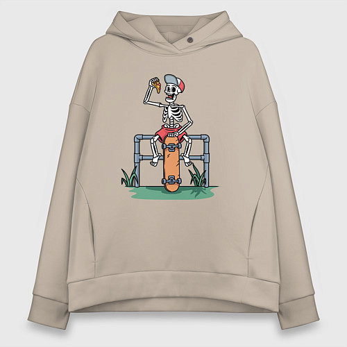 Женское худи оверсайз Скелетик скейтер с пиццей / Миндальный – фото 1