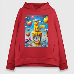 Толстовка оверсайз женская Funny Pikachu and fishes - surrealism, цвет: красный