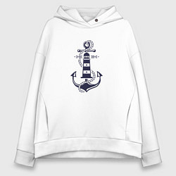 Толстовка оверсайз женская Морская эмблема - якорь и маяк, цвет: белый