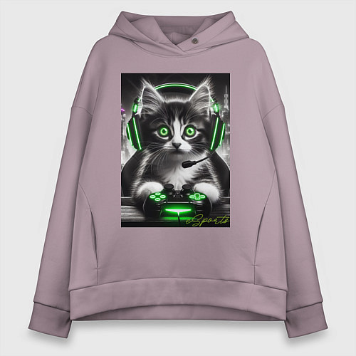 Женское худи оверсайз Котёнок командный геймер - киберспорт / Сиреневый – фото 1