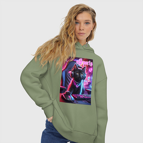 Женское худи оверсайз Чёрный котёнок - киберспорт / Авокадо – фото 3