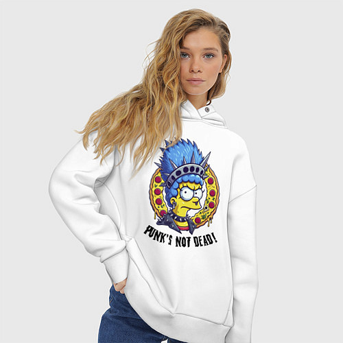 Женское худи оверсайз Мардж Симпсон на фоне пиццы - панк жив / Белый – фото 3