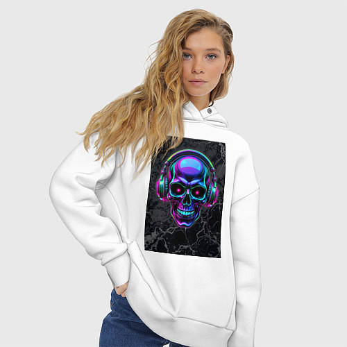 Женское худи оверсайз Неоновый череп в наушниках / Белый – фото 3