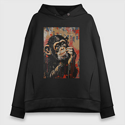 Толстовка оверсайз женская Задумчивая обезьянка, цвет: черный