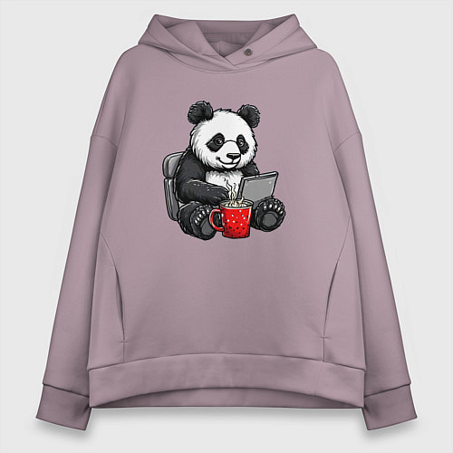 Женское худи оверсайз Панда с кофе за ноутбуком / Сиреневый – фото 1