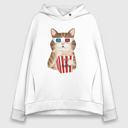 Толстовка оверсайз женская Котик киноман в очках 3d, цвет: белый