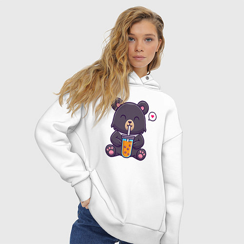 Женское худи оверсайз Мишка с напитком / Белый – фото 3