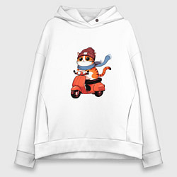 Толстовка оверсайз женская Кот в шапке на скутере, цвет: белый