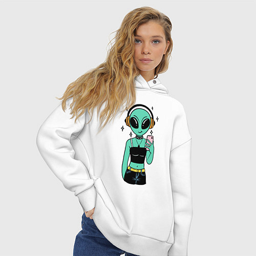 Женское худи оверсайз Девочка инопланетянин с телефоном / Белый – фото 3
