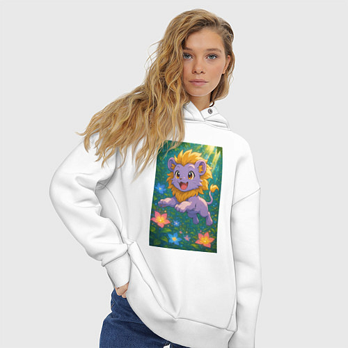 Женское худи оверсайз Лиловый милый львёнок - в прыжке / Белый – фото 3