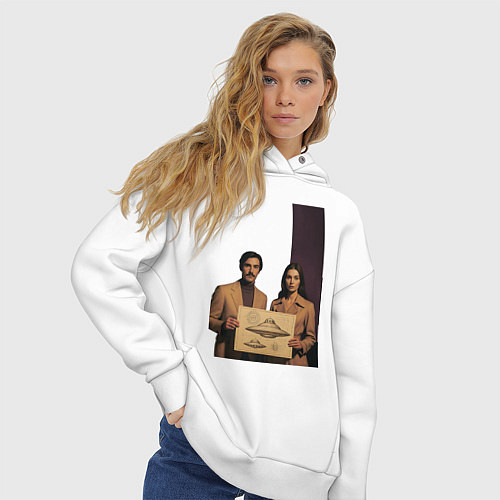 Женское худи оверсайз Мужчина и женщина с чертежом НЛО ретро поп-арт 197 / Белый – фото 3