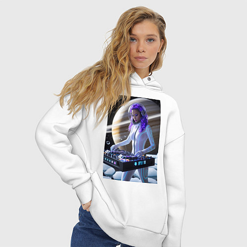 Женское худи оверсайз Девушка космо DJ на фоне сатурна / Белый – фото 3