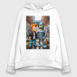 Толстовка оверсайз женская Бендер и Фрай в Бронксе - нейроарт фантазия, цвет: белый