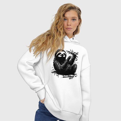 Женское худи оверсайз Ленивец с веткой / Белый – фото 3