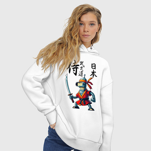 Женское худи оверсайз Bender bending robot with katana - samurai / Белый – фото 3