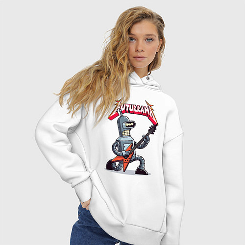 Женское худи оверсайз Bender bending robot from rock group Futurama / Белый – фото 3