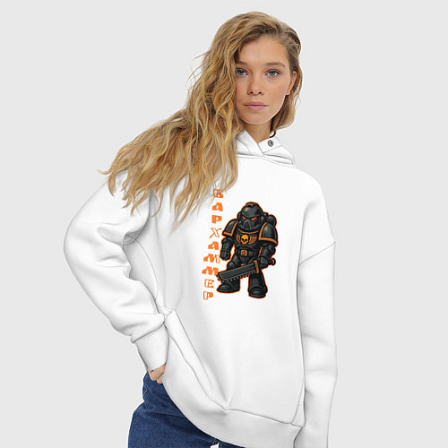 Женское худи оверсайз Космический десантник с оранжевыми вставками / Белый – фото 3