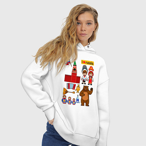 Женское худи оверсайз I love Russia, стереотипные символы / Белый – фото 3
