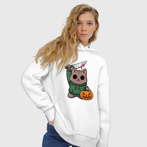 Женское худи оверсайз Котик с ножом и тыквой / Белый – фото 3
