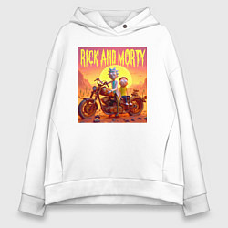 Толстовка оверсайз женская Рик и Морти на ржавом ретро мотоцикле в пустыне, цвет: белый