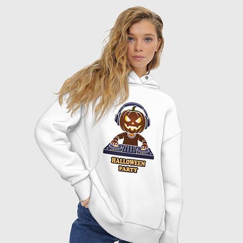 Женское худи оверсайз Хэллоуин, тыква диджей, музыка / Белый – фото 3
