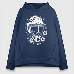 Толстовка оверсайз женская Шлем-маска в цветочном обрамлении, цвет: тёмно-синий
