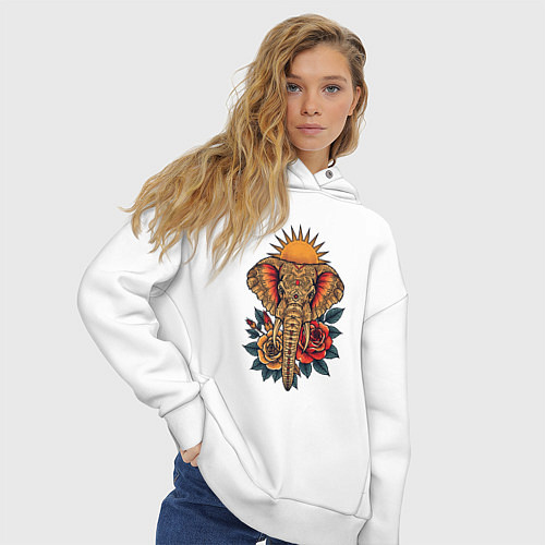 Женское худи оверсайз Слон на фоне солнца с розами в стиле тату / Белый – фото 3