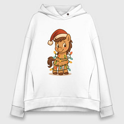 Толстовка оверсайз женская Лошадка в гирлянде, цвет: белый