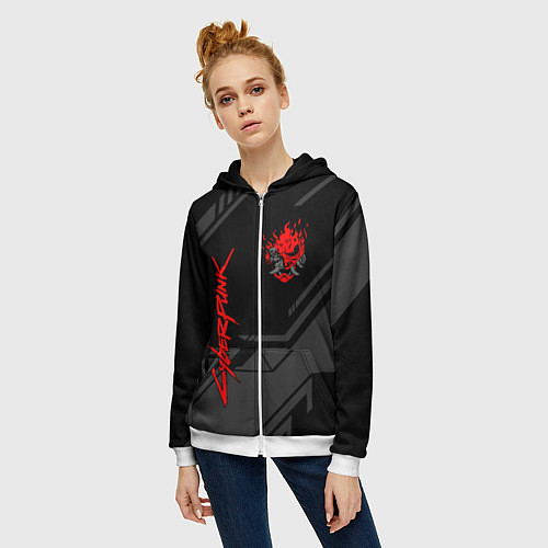 Женская толстовка на молнии Cyberpunk 2077: Grey Samurai / 3D-Белый – фото 3