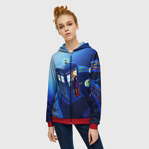 Женская толстовка на молнии ДОКТОР И КЛАРА И ТАРДИС / 3D-Красный – фото 3