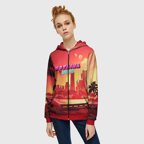 Женская толстовка на молнии HOTLINE MIAMI / 3D-Красный – фото 3
