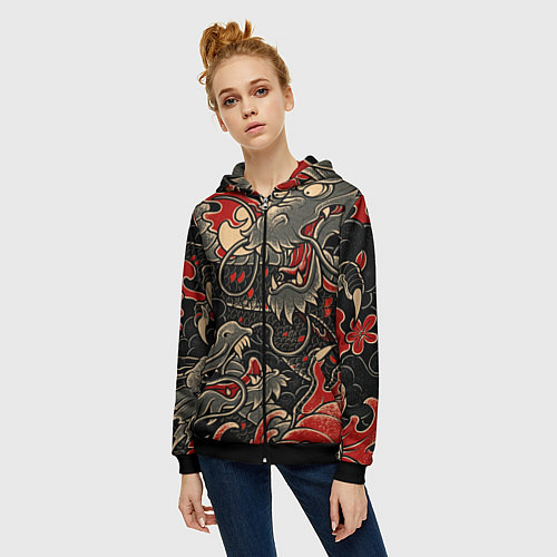 Женская толстовка на молнии Dsquared tatoo DRAGON / 3D-Черный – фото 3