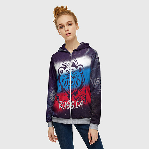 Женская толстовка на молнии Russia Bear / 3D-Меланж – фото 3