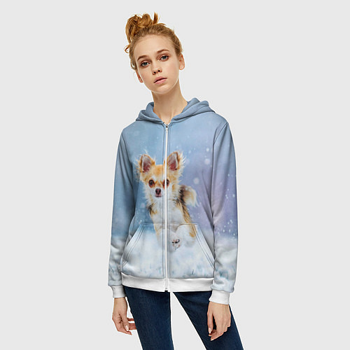 Женская толстовка на молнии Чихуахуа в снегу / 3D-Белый – фото 3