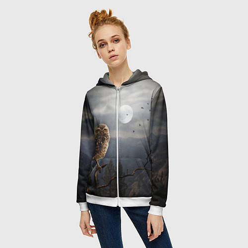 Женская толстовка на молнии Сова / 3D-Белый – фото 3
