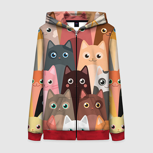 Женская толстовка на молнии Котики мультяшные / 3D-Красный – фото 1