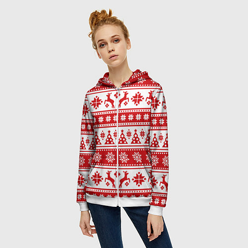 Женская толстовка на молнии Новый Год Олени и снежинки / 3D-Белый – фото 3