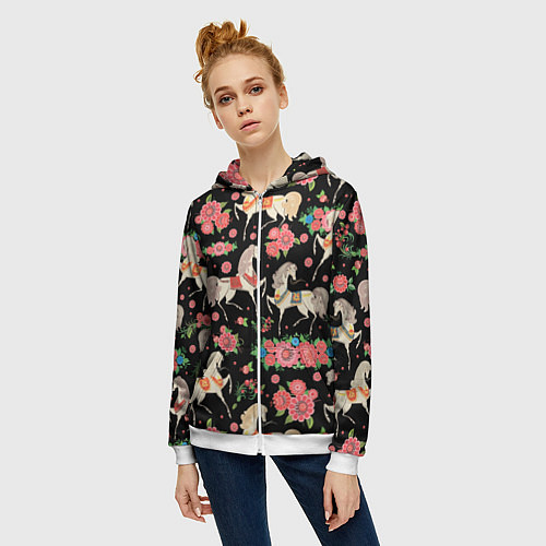 Женская толстовка на молнии Лошади и цветы / 3D-Белый – фото 3