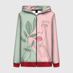 Толстовка на молнии женская Девушка с листьями, цвет: 3D-красный