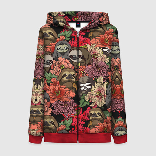 Женская толстовка на молнии Ленивец & Цветочки / 3D-Красный – фото 1