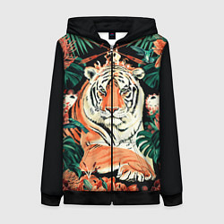 Толстовка на молнии женская Огненный Тигр в Цветах, цвет: 3D-черный