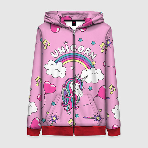 Женская толстовка на молнии Единорог Радужный / 3D-Красный – фото 1