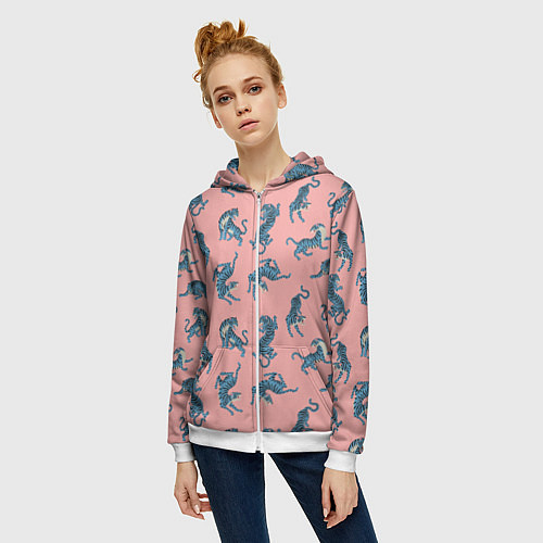 Женская толстовка на молнии Много синих тигров Символ года / 3D-Белый – фото 3