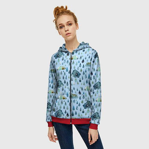 Женская толстовка на молнии Дождливая осень Тучки и дождь / 3D-Красный – фото 3