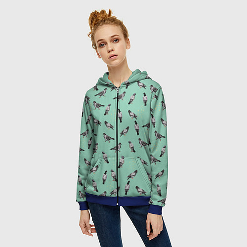 Женская толстовка на молнии Голуби на зеленом / 3D-Синий – фото 3