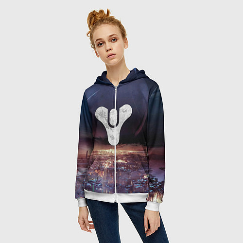 Женская толстовка на молнии ДЕСТИНИ ЗЕМЛЯ ХАБ, СТРАННИК НАД ГОРОДОМ / 3D-Белый – фото 3