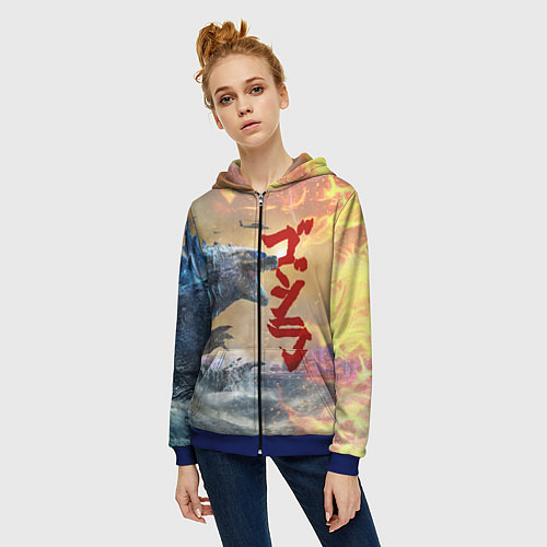 Женская толстовка на молнии ГОДЗИЛЛА АТАКУЕТ! / 3D-Синий – фото 3