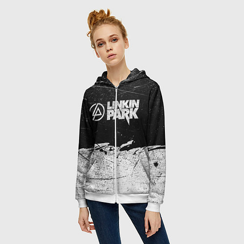 Женская толстовка на молнии Линкин Парк Лого Рок ЧБ Linkin Park Rock / 3D-Белый – фото 3